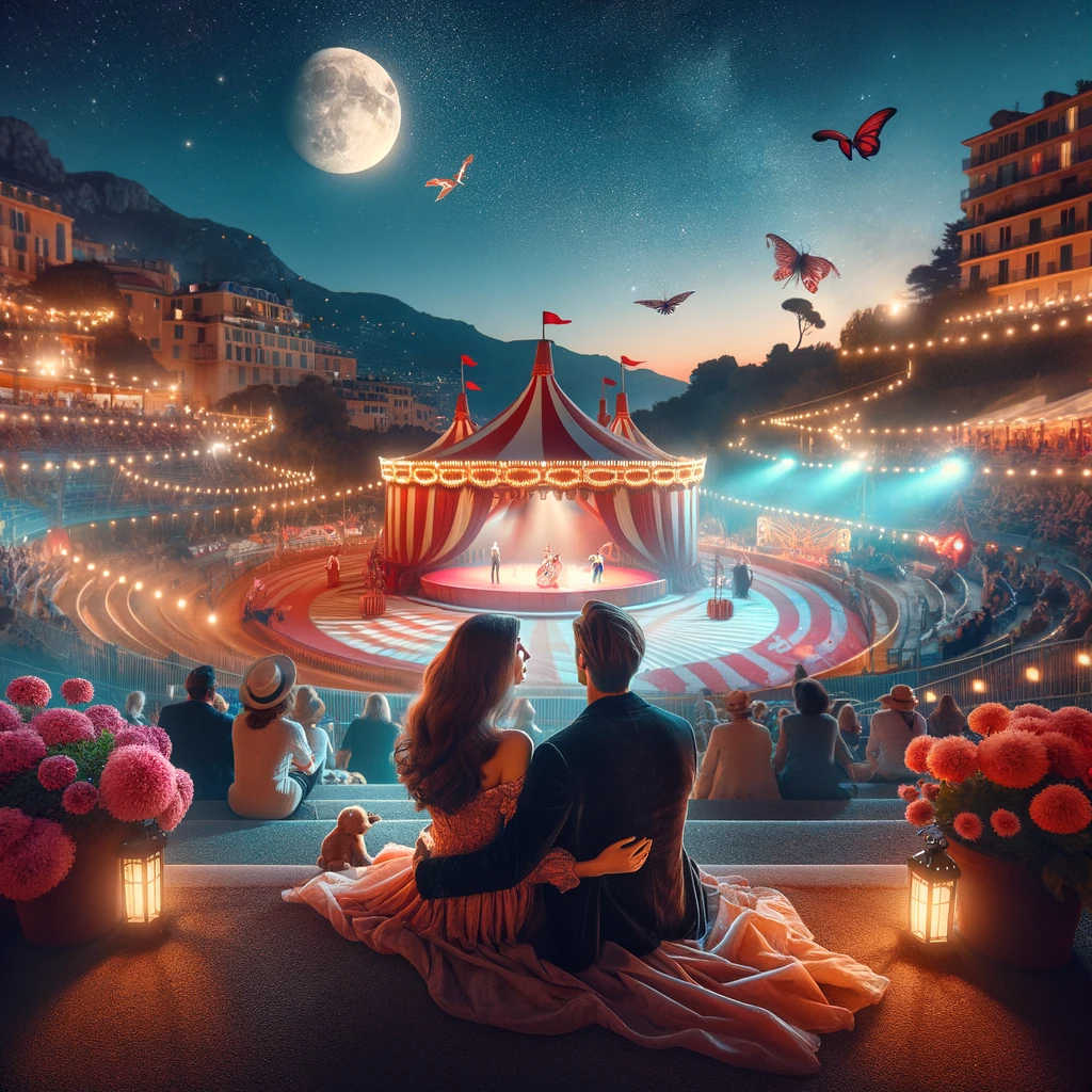 Une scène romantique du soir au Festival du Cirque de Monte-Carlo, avec un couple profitant d'une performance sous un ciel étoilé, des tentes de cirque et des artistes en arrière-plan, capturant la magie et le romantisme de l'événement
