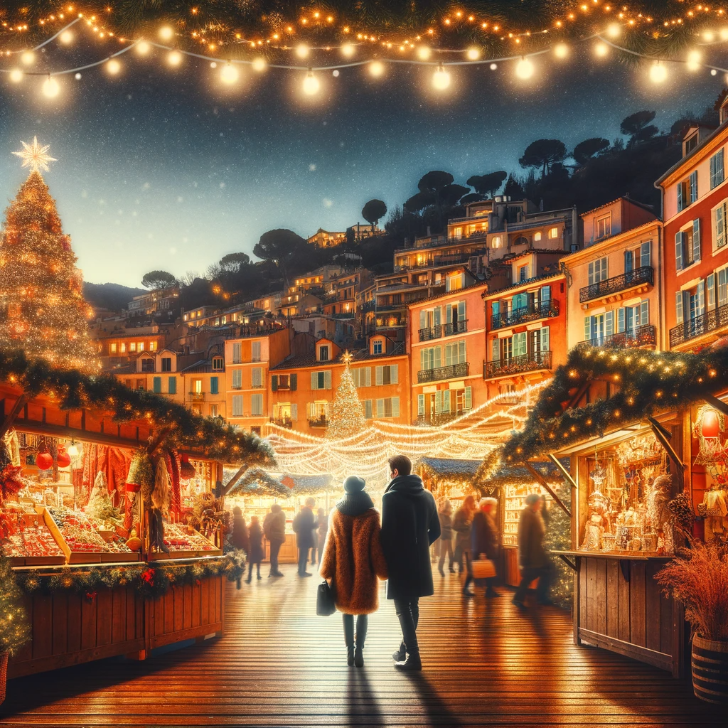 une scène romantique dans un marché de Noël sur la Côte d'Azur. Cette image illustre un couple profitant de l'atmosphère festive, entouré de stands de marché illuminés, de décorations festives, de lumières scintillantes, et d'un charmant arrière-plan de ville française, représentant la chaleur et la magie de la saison des fêtes.