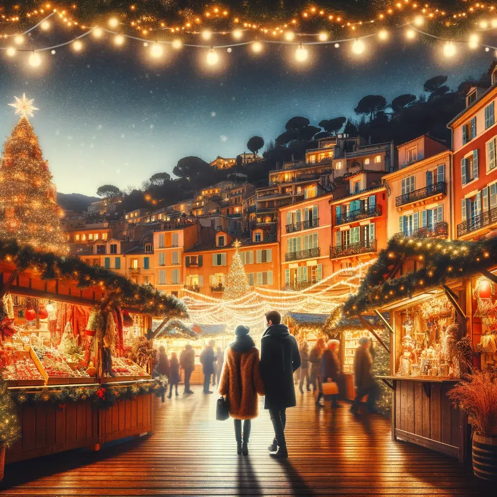 une scène romantique dans un marché de Noël sur la Côte d'Azur. Cette image illustre un couple profitant de l'atmosphère festive, entouré de stands de marché illuminés, de décorations festives, de lumières scintillantes, et d'un charmant arrière-plan de ville française, représentant la chaleur et la magie de la saison des fêtes.