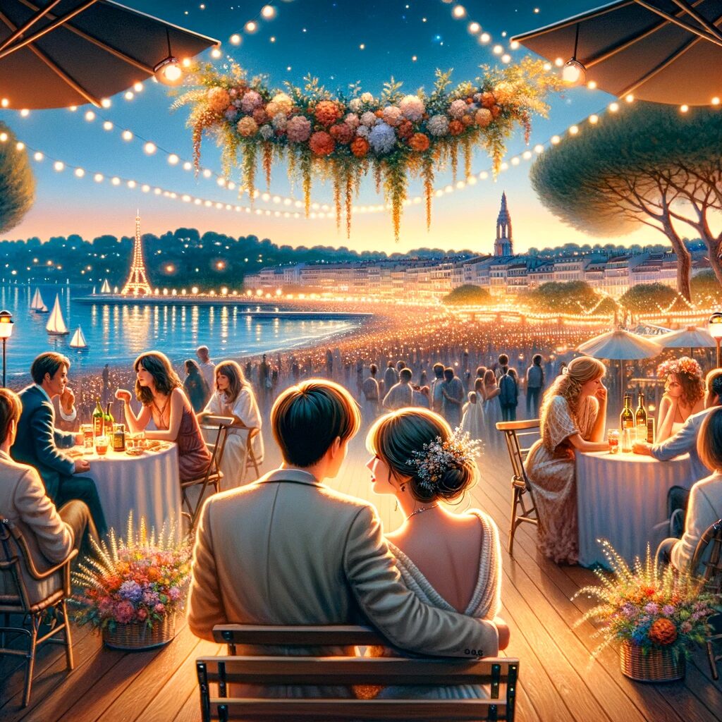 Une scène romantique à la Fête de la Croix-des-Gardes à Cannes, avec un couple profitant des festivités. L'image inclut des lumières scintillantes, une atmosphère festive, et une vue du paysage de Cannes en arrière-plan, capturant le charme et le romantisme de l'événement.