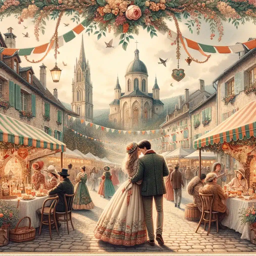 Une scène romantique au Festival de la Saint-Blaise à Valbonne, avec un couple profitant de la célébration. L'image inclut des décorations traditionnelles, une atmosphère festive et un arrière-plan du charmant village de Valbonne, capturant le charme et le romantisme de l'événement. Vous pouvez voir l'image générée ci-dessus.