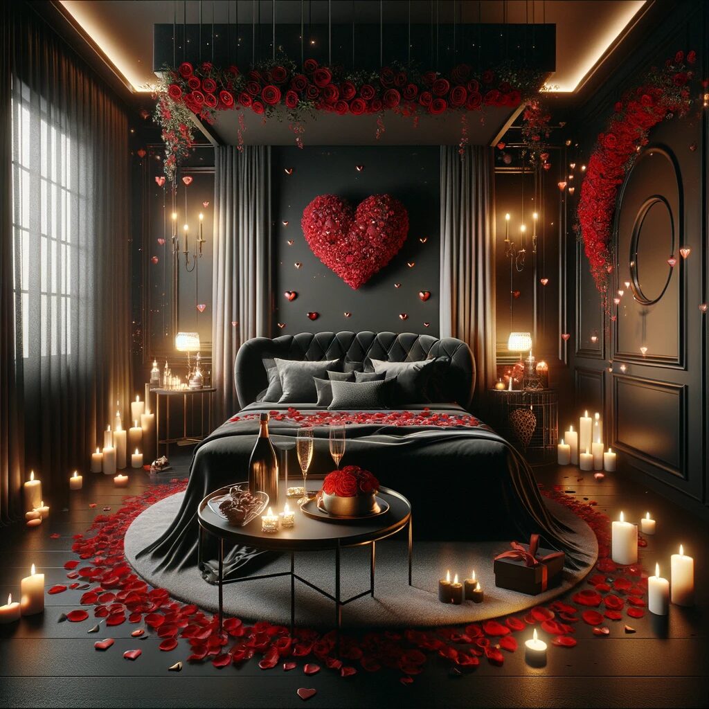 Une Love Room romantique et sophistiquée, conçue spécialement pour la Saint-Valentin, avec des murs et un lit luxueux de couleur noire. Le lit est décoré de pétales de rose rouge et éclairé par une lumière douce et ambiante. La pièce est ornée de décorations en forme de cœur, de bougies scintillantes, et d'une petite table dressée avec une bouteille de champagne et une assiette de fraises enrobées de chocolat, créant une atmosphère intime et passionnée, parfaite pour une célébration romantique en couple.